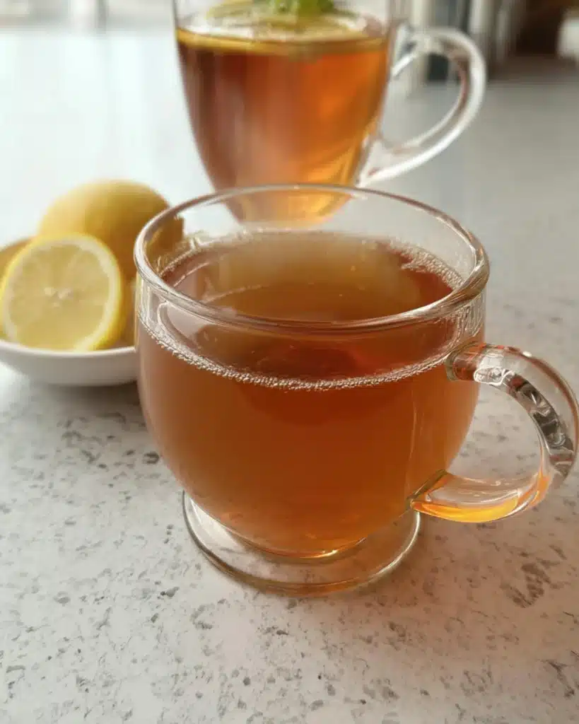 Glass cup of collagen gelatin tea with lemon slices in the background on a bright countertop.