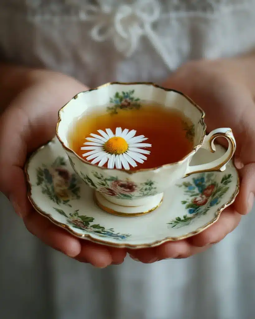 Hands gently holding a porcelain teacup with chamomile tea and a floating daisy flower.
