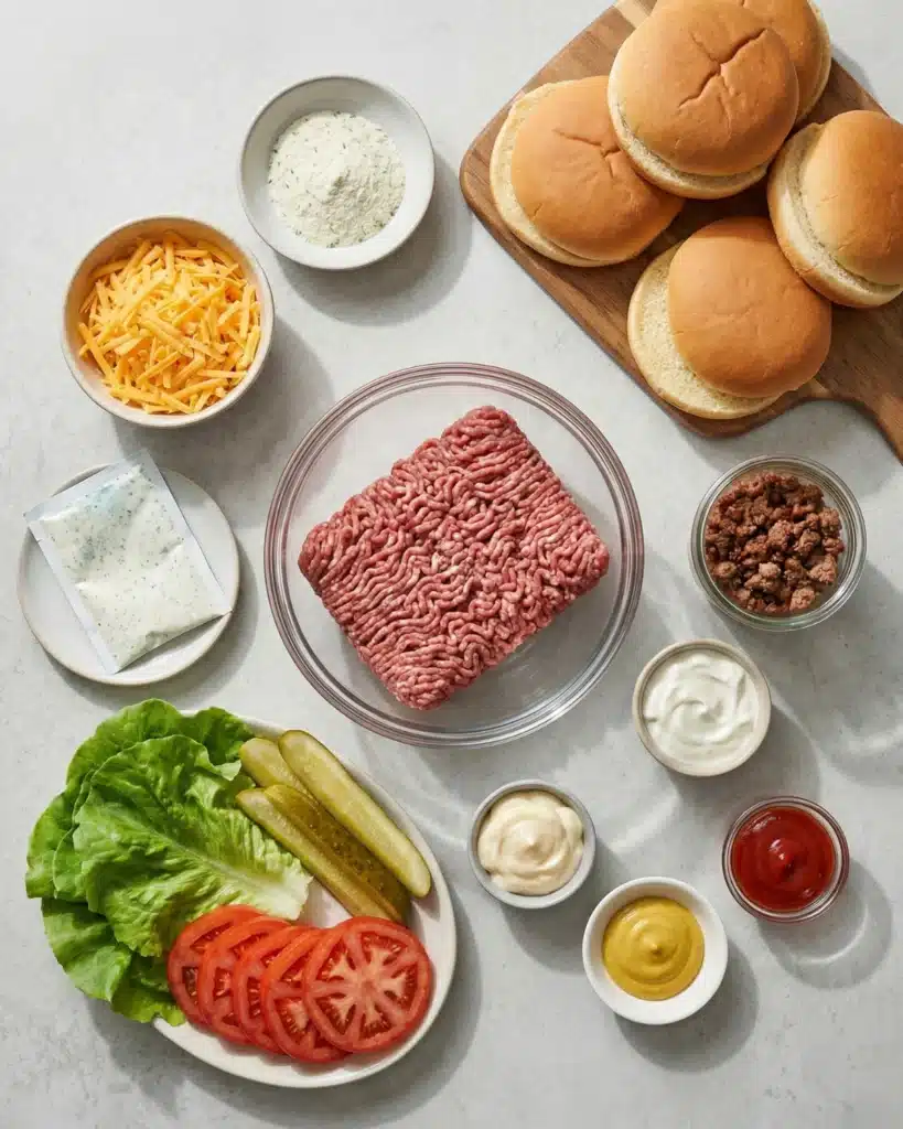 Overhead view of Crack Burger ingredients including ground chuck, cheddar cheese, ranch mix, lettuce, tomato, and buns.