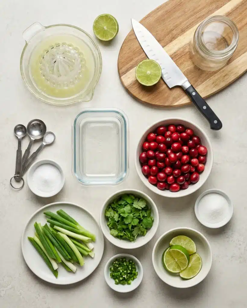 Cranberry Salsa ingredients flat lay with fresh cranberries, limes, cilantro, jalapeño, green onions, sugar, and salt on a prep surface