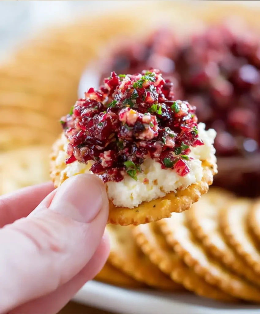 Hand holding a cracker topped with cream cheese and Cranberry Salsa