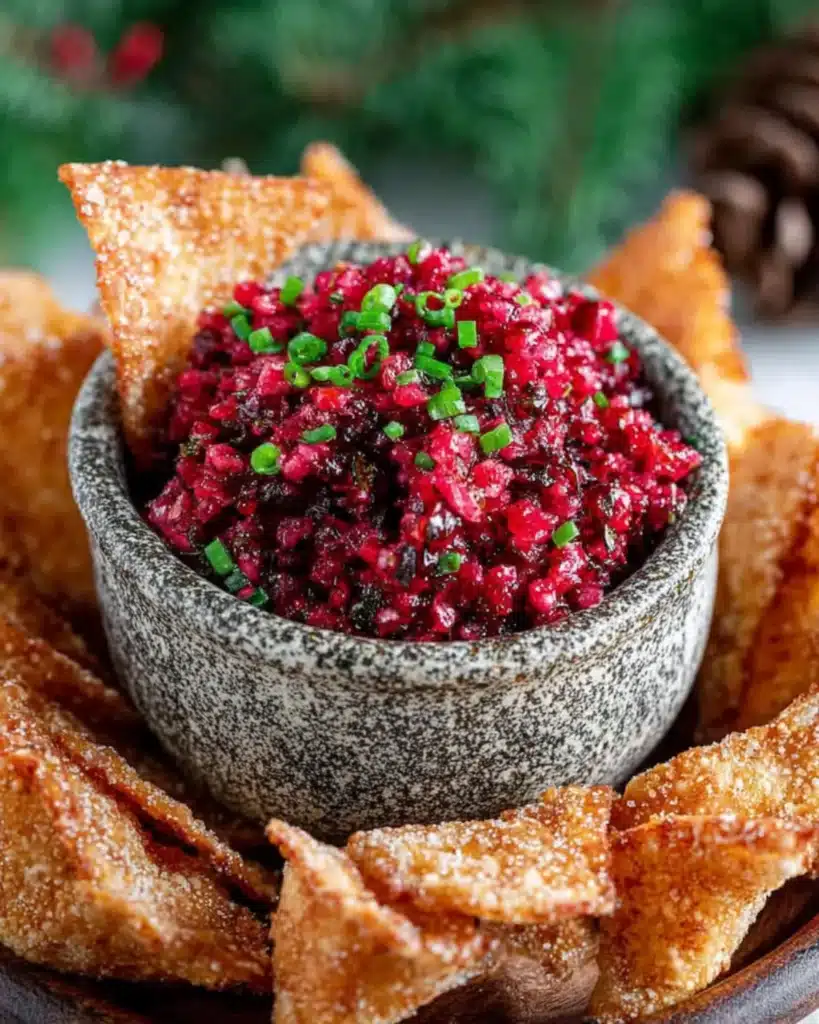 Rustic bowl of Cranberry Salsa topped with chopped green onion and surrounded by cinnamon-sugar crisps