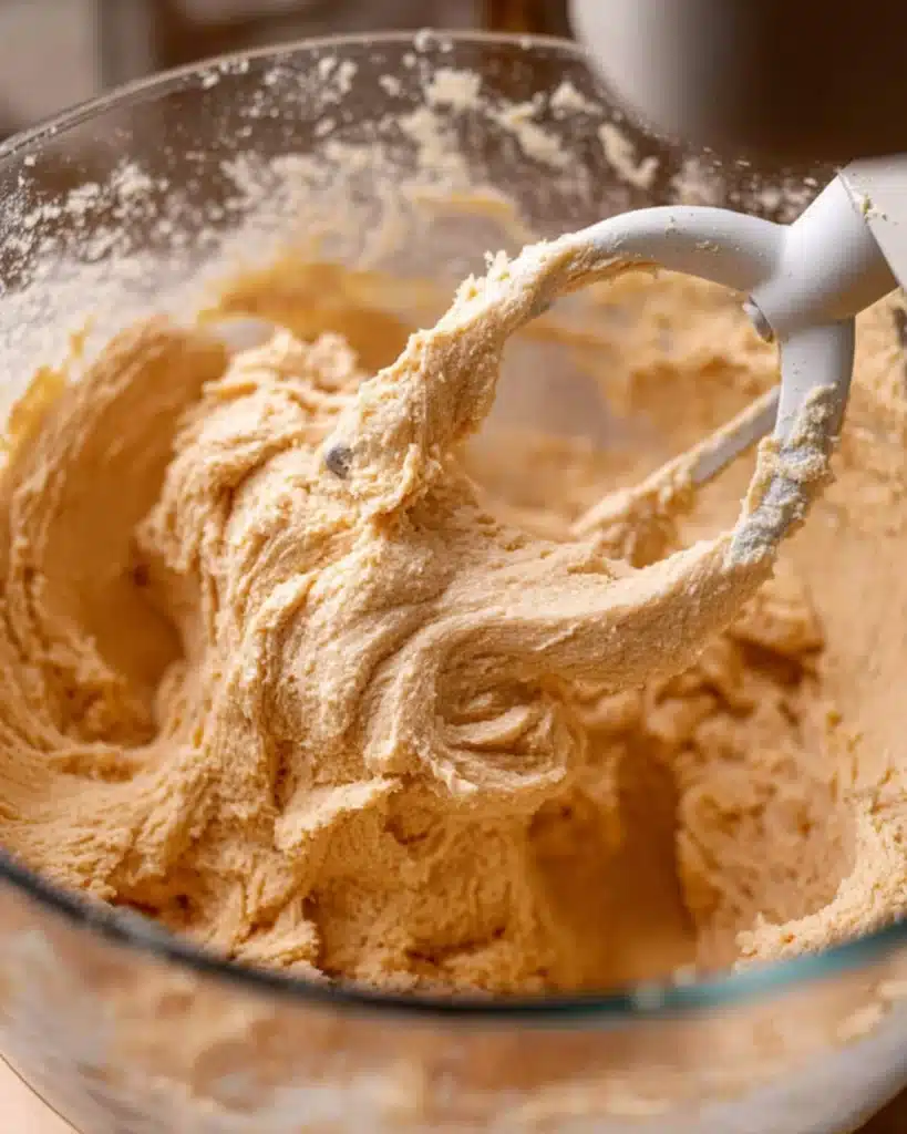 Creamy cookie dough being mixed in a glass bowl with a white stand mixer paddle attachment.