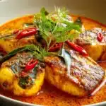 Flavorful Fish Curry with coconut milk, red peppers, fresh herbs, and golden fish pieces in a creamy sauce