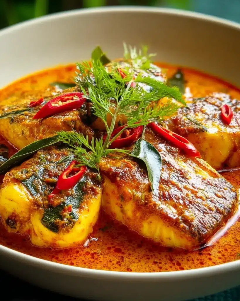 Flavorful Fish Curry with coconut milk, red peppers, fresh herbs, and golden fish pieces in a creamy sauce