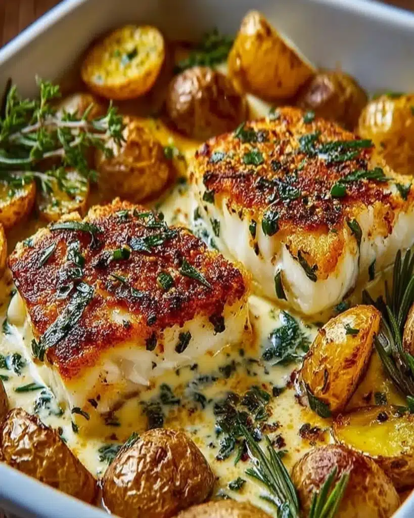 Two seared cod fillets resting in a creamy rosemary sauce with roasted potatoes and fresh herbs.