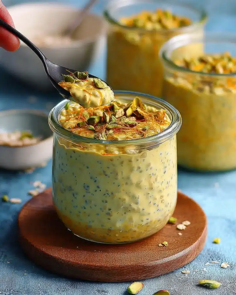 Healthy saffron overnight oats being scooped with a spoon from a glass jar