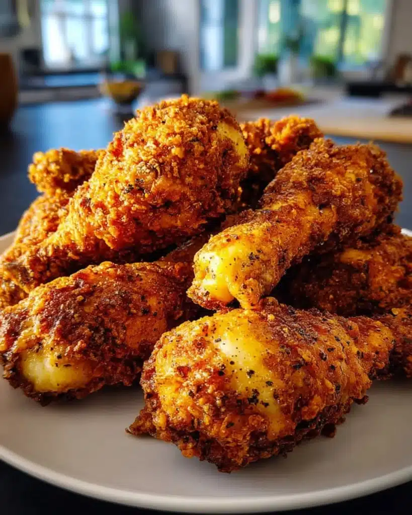 Close-up of crispy air fryer drumsticks stacked on a white plate, showing golden crust and juicy texture in natural kitchen light.