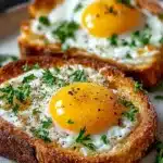 Close-up of Air Fryer Egg and Cheese Toast with golden yolks and fresh parsley on a plate