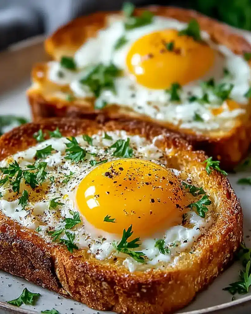 Close-up of Air Fryer Egg and Cheese Toast with golden yolks and fresh parsley on a plate
