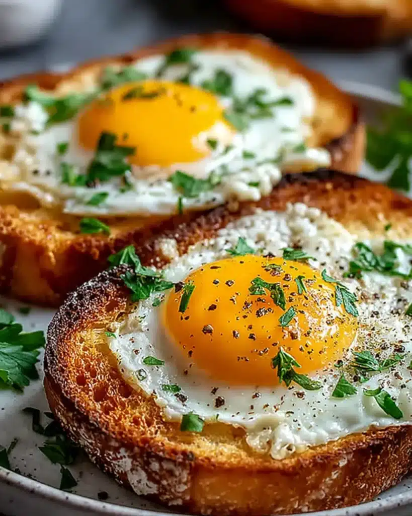 Close-up of crispy Air Fryer Egg Toast garnished with parsley and cracked black pepper