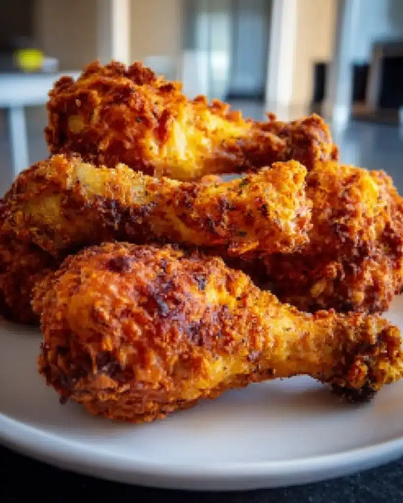 Close-up shot of crispy golden chicken drumsticks arranged on a white plate in warm daylight.