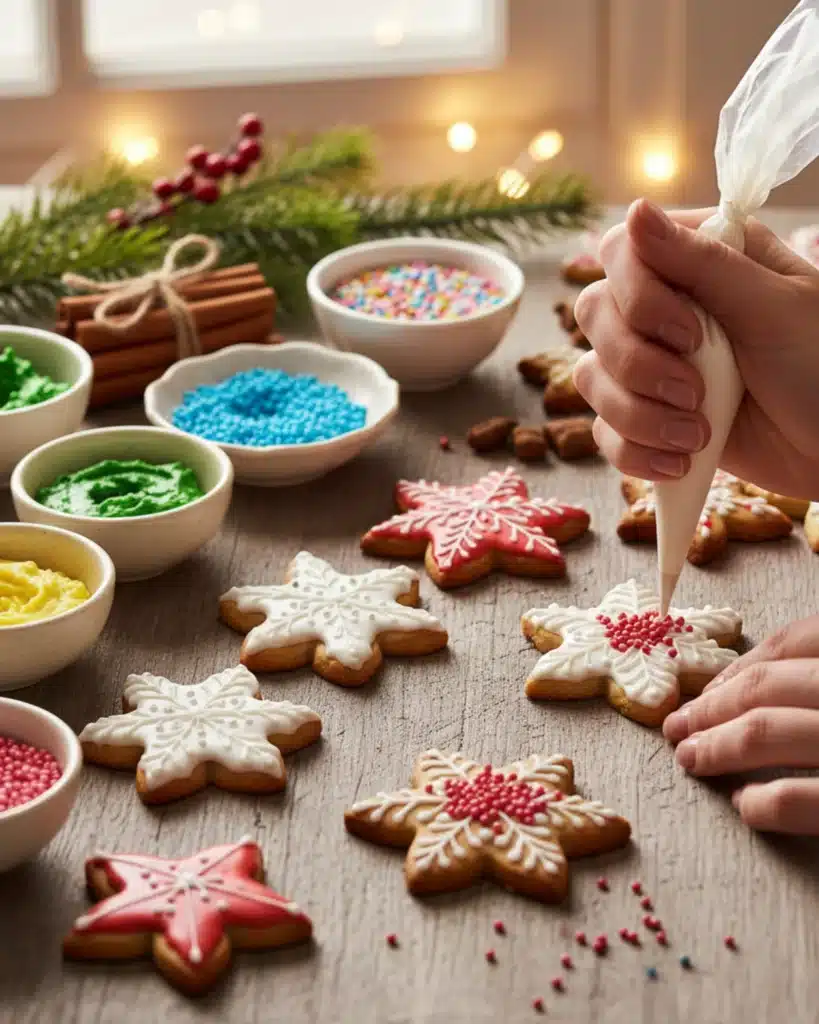 Hands decorating Christmas cookies with icing and sprinkles on a wooden table