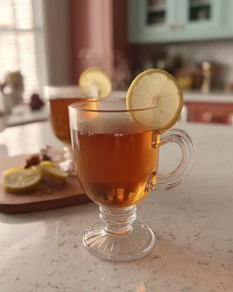 Hot lemon tea in a glass mug on a marble counter with a kitchen in the background.