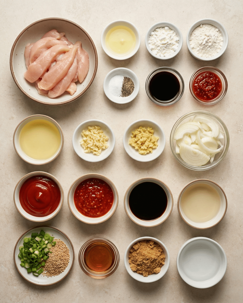 Dragon Chicken ingredients arranged in small bowls on a beige surface
