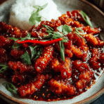 Dragon Chicken with rice served on a rustic plate, topped with sesame seeds, red chili, and spring onions