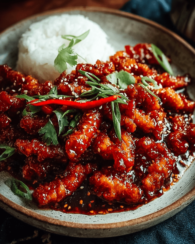 Dragon Chicken with rice served on a rustic plate, topped with sesame seeds, red chili, and spring onions