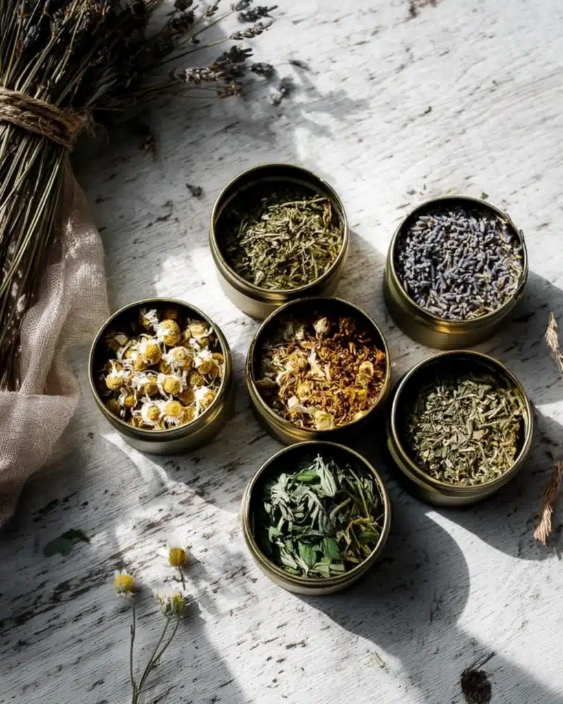 Assorted dried herbs and flowers used in homemade herbal tea recipes for natural weight loss