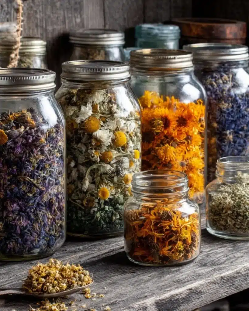 Dried herbs and flowers stored in glass jars for homemade herbal tea recipes and wellness blends
