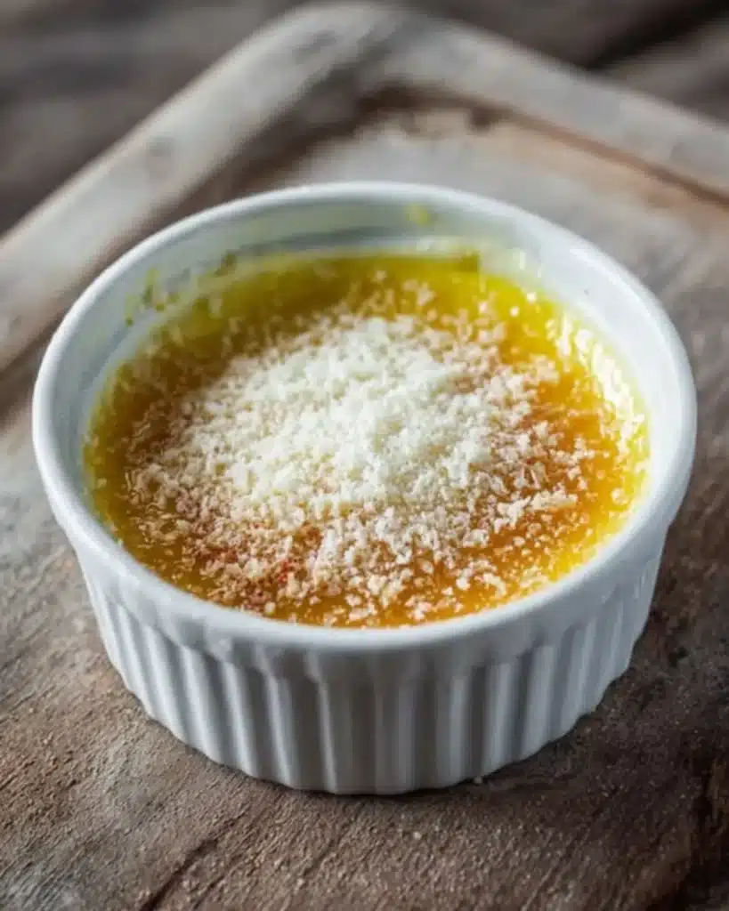 Close-up of whisked egg and Parmesan mixture in a white ramekin for Smoked Salmon Carbonara sauce.