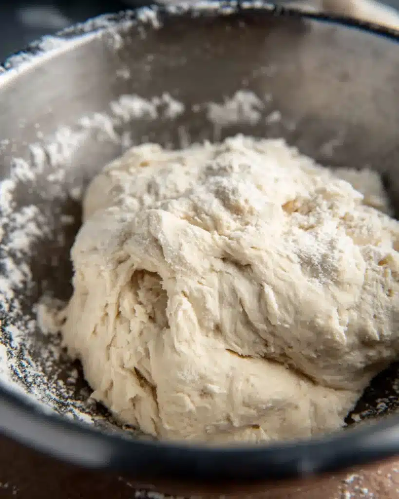 Ingredients for Flaky Roti Canai Recipe including flour, salt, sugar, ghee, oil, and water on a marble surface.