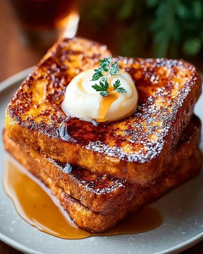 Stacked Fall Pumpkin French Toast with maple syrup and butter on a plate