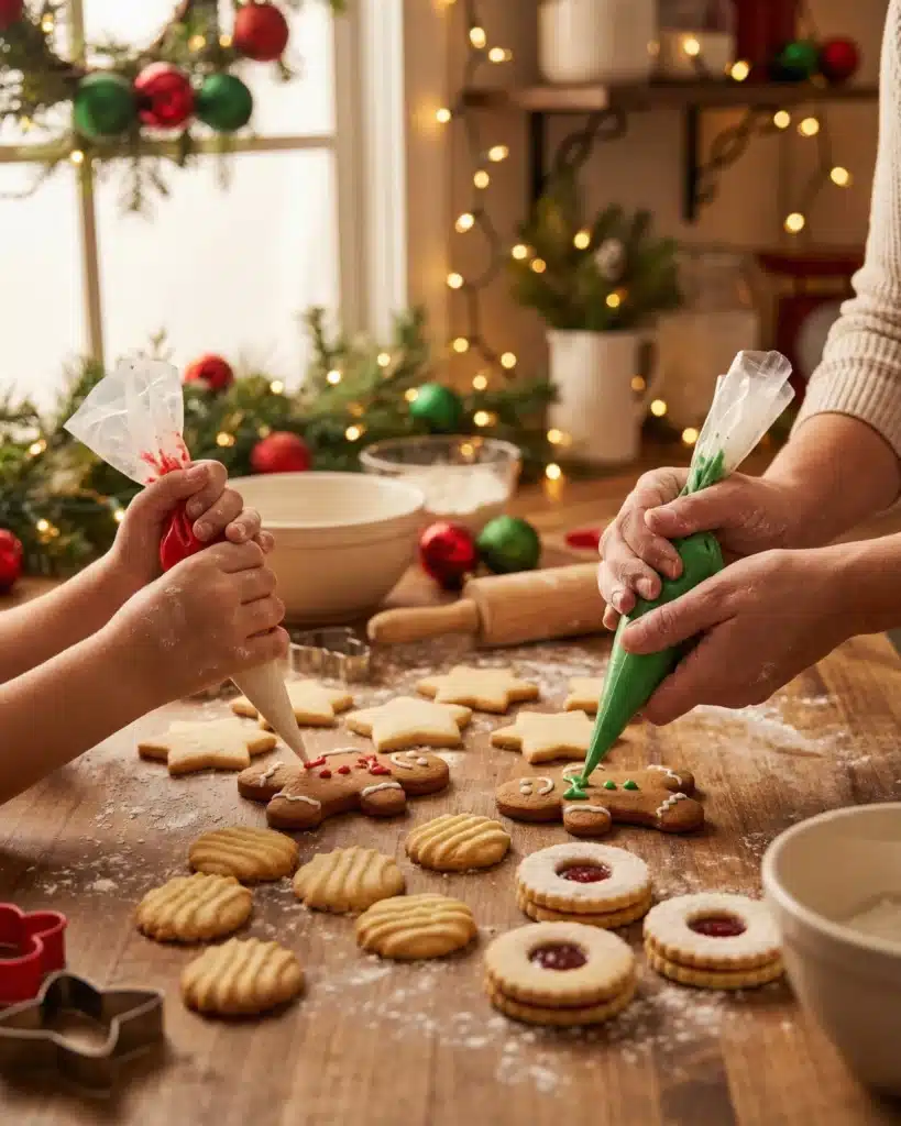 Family decorating gingerbread cookies together in a cozy Christmas kitchen
