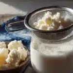 Kefir grains resting in a metal strainer over a glass jar filled with fermenting milk kefir.
