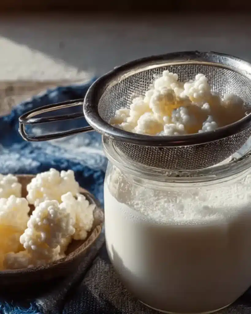 Kefir grains resting in a metal strainer over a glass jar filled with fermenting milk kefir.