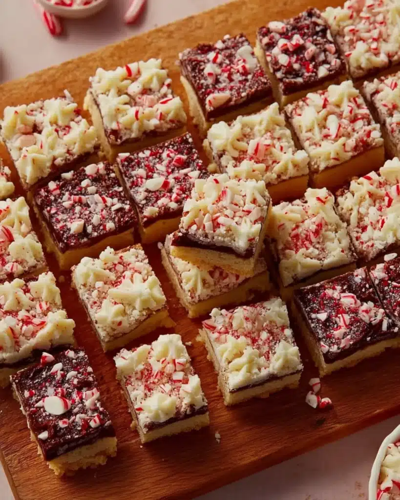 Close-up of layered peppermint spritz cookie bars with red and white crushed candy topping.