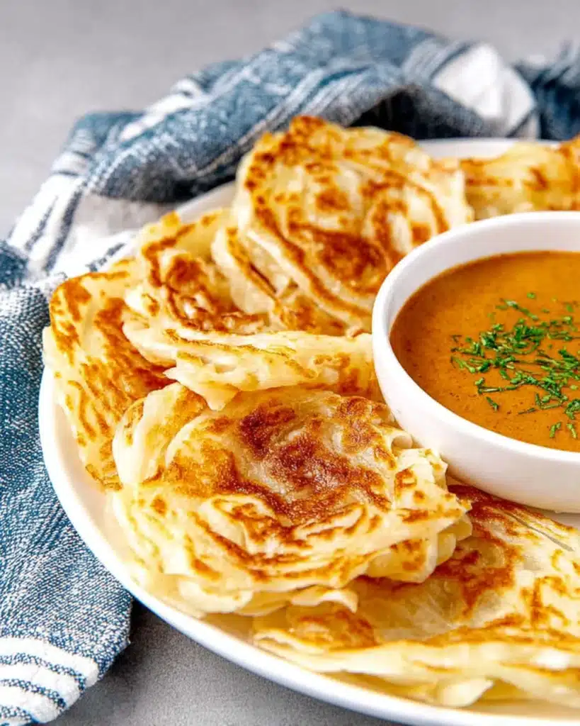 Flaky roti canai served with a bowl of creamy curry on a blue striped cloth.