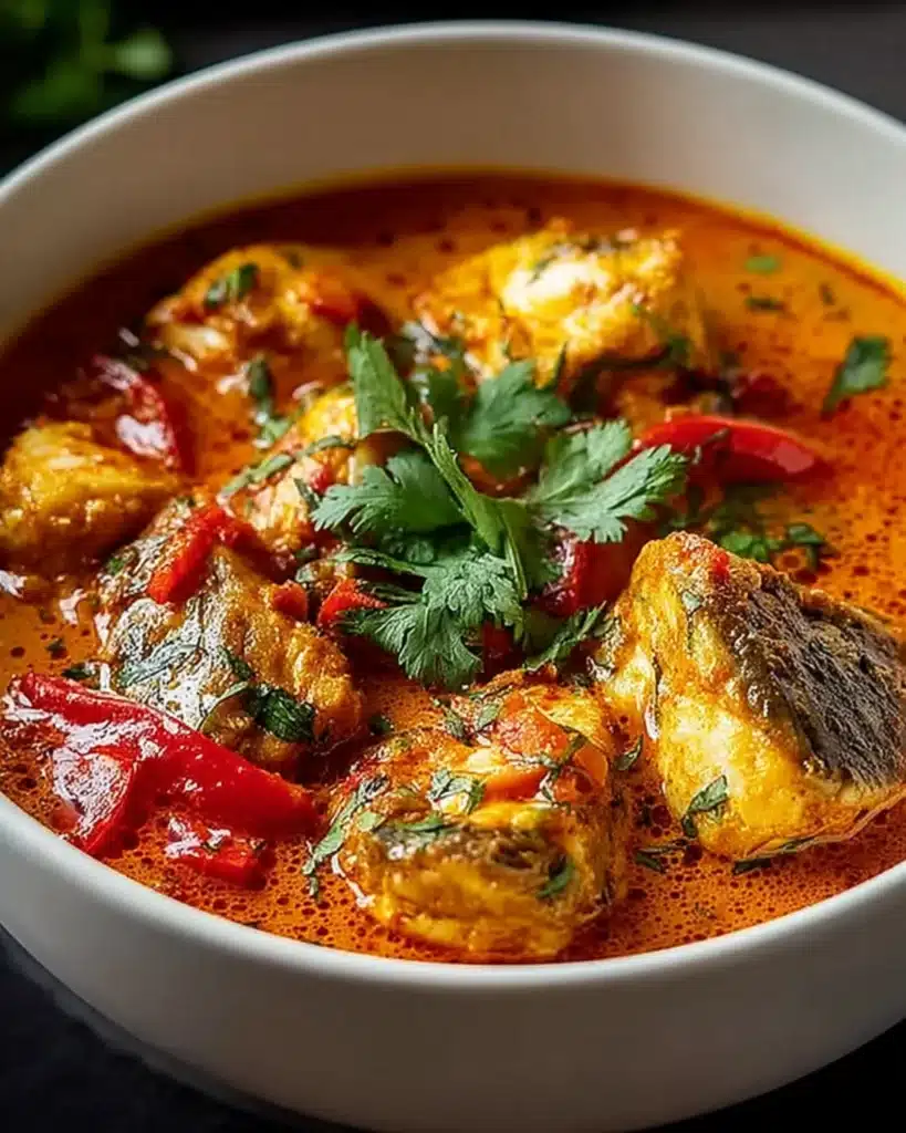 Flavorful Fish Curry served in a white bowl with coconut milk sauce, tender fish pieces, red chilies, and fresh cilantro