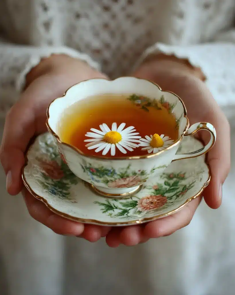 Elegant teacup filled with golden tea and floating chamomile flowers held in both hands.