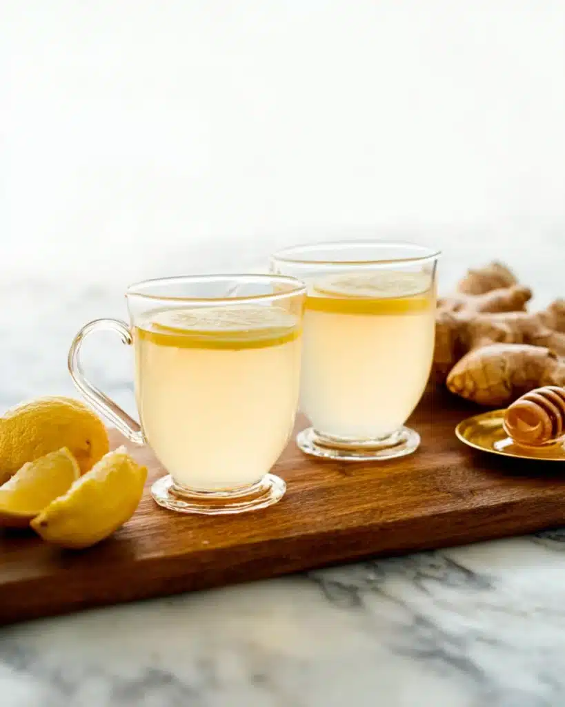 Two clear glass mugs of freshly brewed ginger tea with lemon slices on a wooden board with honey and ginger root.