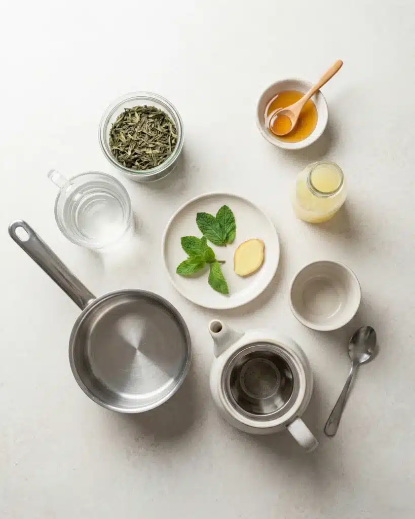 Green tea ingredients including loose leaves, honey, mint, ginger, and a teapot setup