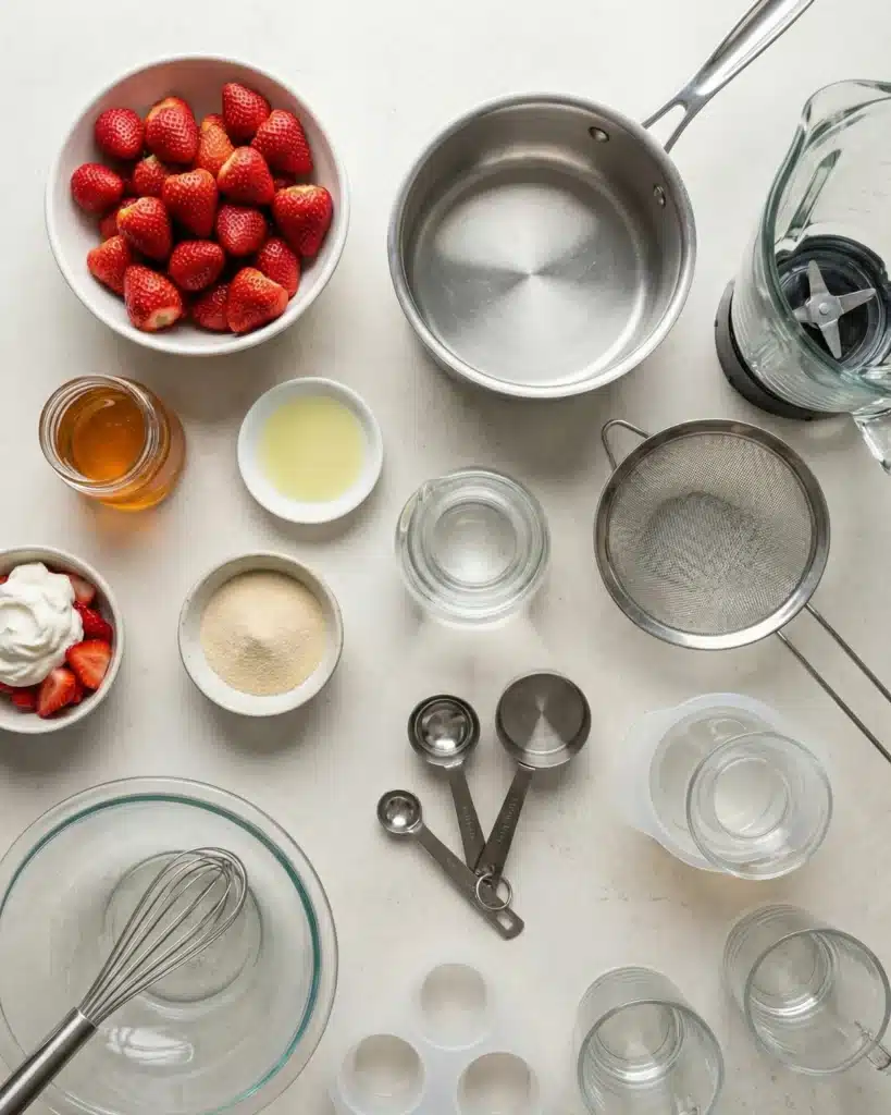 Ingredients and kitchen tools arranged for making a homemade strawberry dessert on a white surface