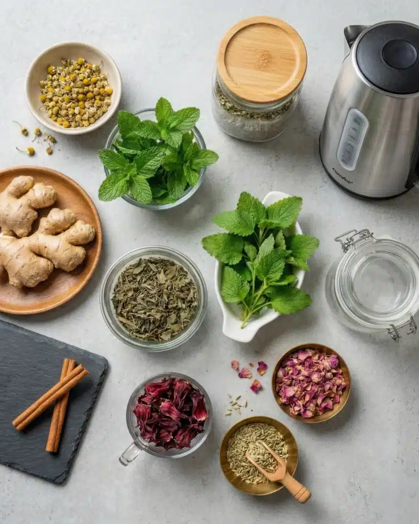 Flat lay of mint leaves, ginger root, and dried petals prepared for a refreshing homemade drink