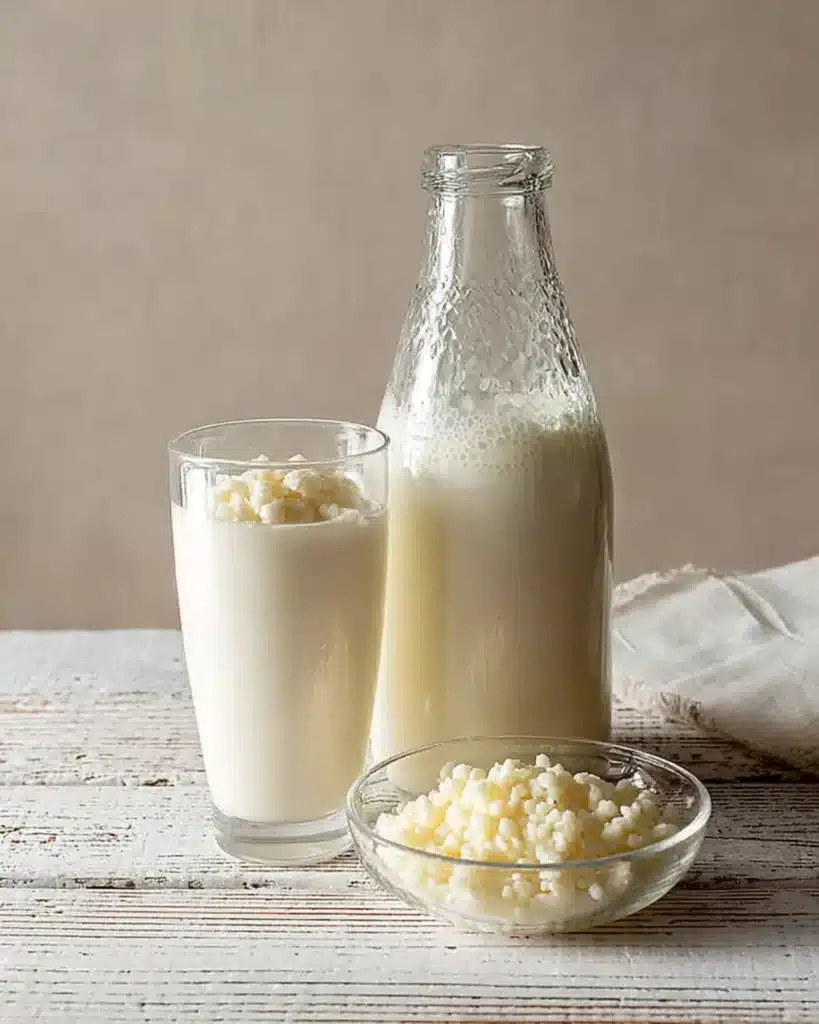 Glass bottle and glass of milk kefir with a small bowl of kefir grains on a rustic beige surface.
