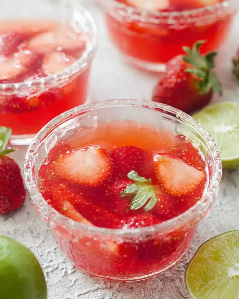 fresh strawberry puree for homemade strawberry gelatin in a glass measuring cup on a wooden board