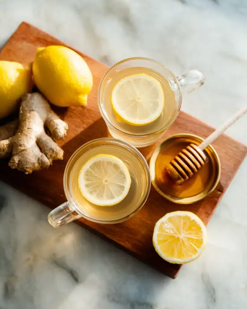 Two glass mugs of ginger tea with lemon slices and honey on a wooden board.