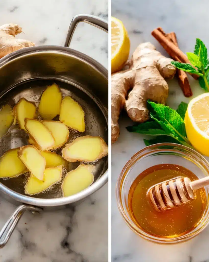 Lemons, honey, cinnamon sticks, and fresh ginger arranged for ginger tea preparation.