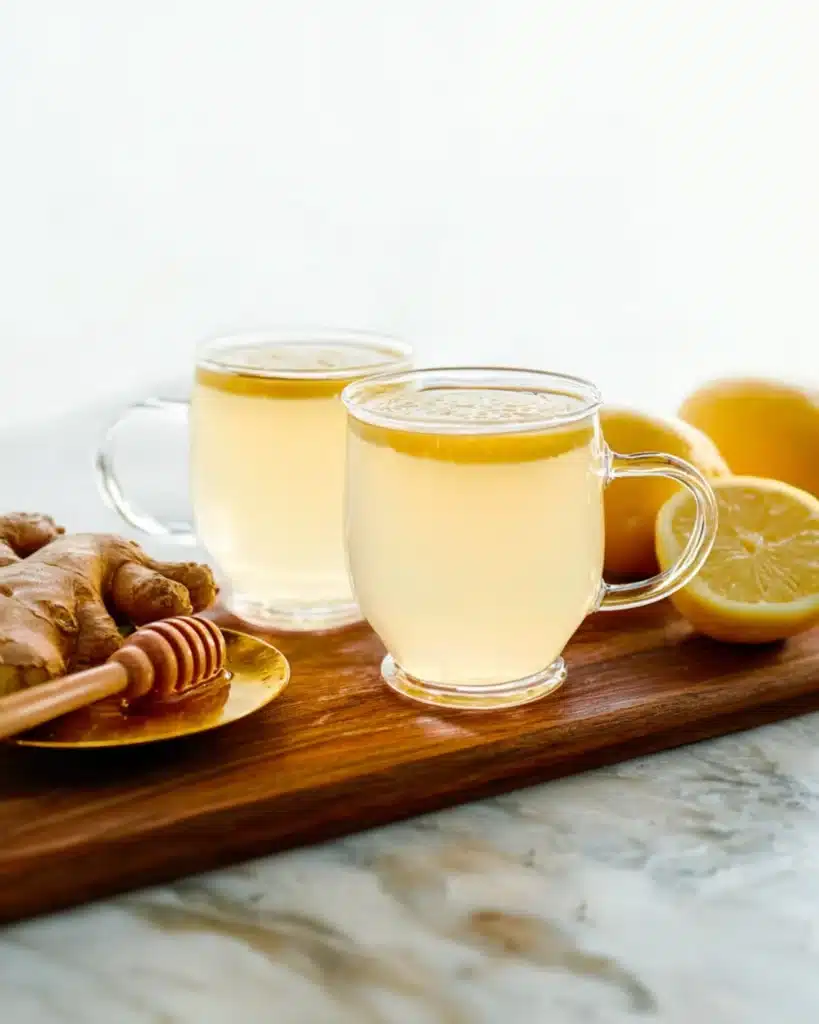 Bright close-up of ginger tea with lemon slices and fresh ginger on a marble counter.