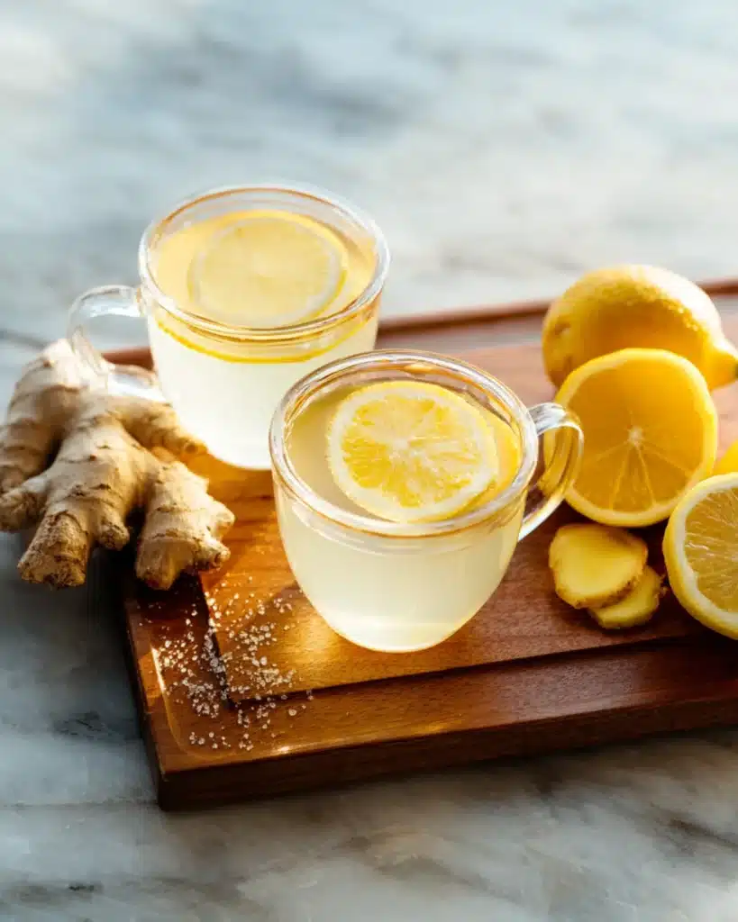 Two cups of ginger tea with lemon slices, honey, and ginger root on a wooden tray.