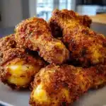 Air fryer chicken drumsticks with a golden crispy crust and visible seasoning flakes on a plate.