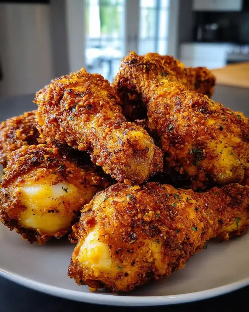 Air fryer chicken drumsticks with a golden crispy crust and visible seasoning flakes on a plate.