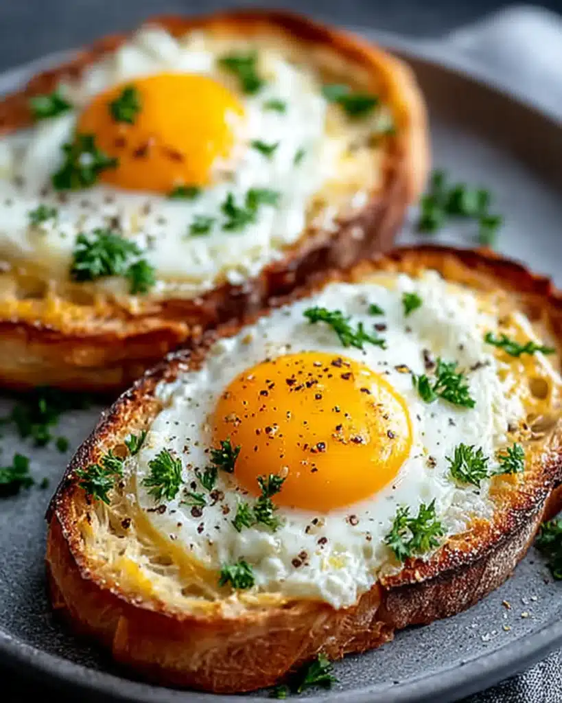 Air Fryer Egg Toast with melted cheese and herbs on thick slices of bread