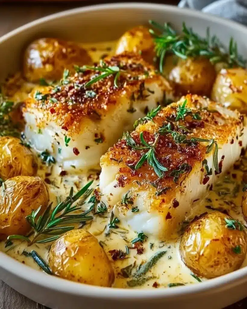 Pan-seared cod fillets with roasted baby potatoes served in a creamy rosemary garlic sauce in a white baking dish.