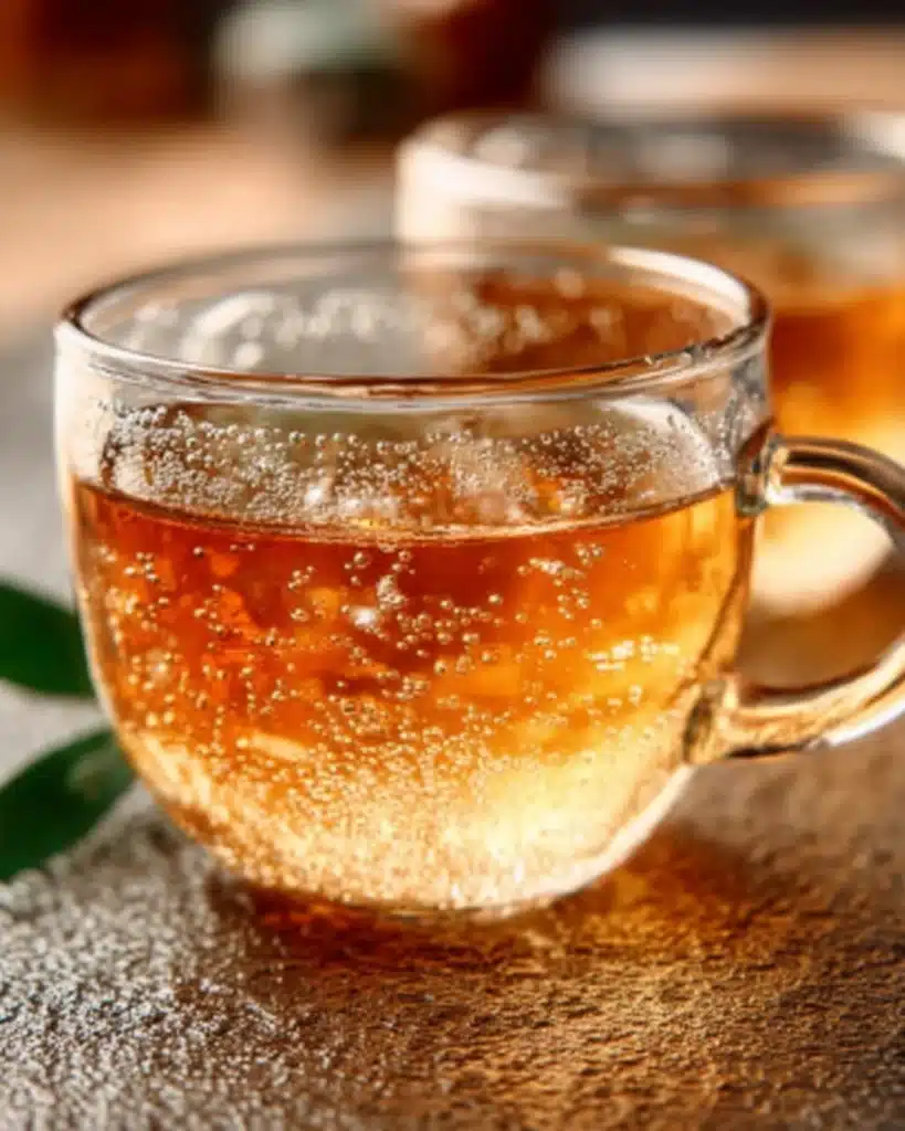 Two mugs of golden pre-meal drink placed on a textured surface near fresh green leaves.