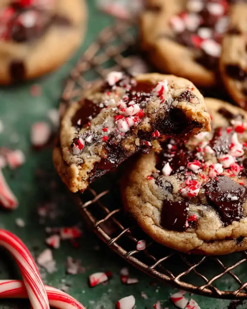 Close-up view of gooey peppermint chocolate chip cookies topped with melted chocolate chunks and crushed candy canes.