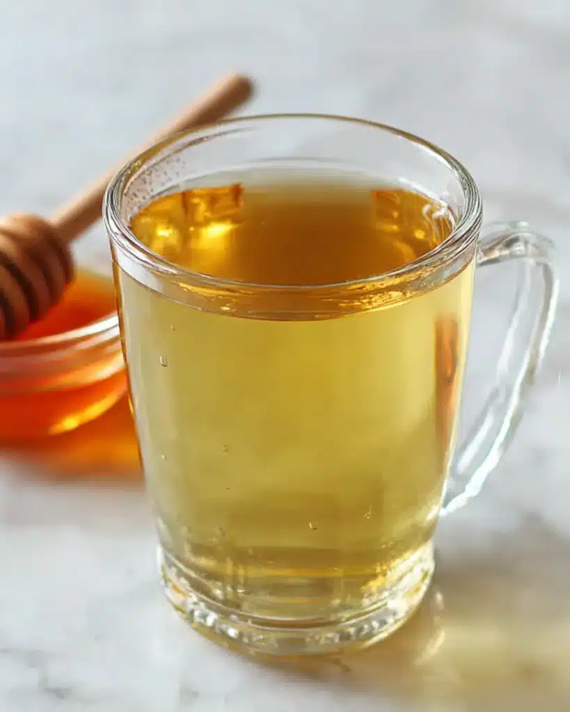 Green Tea Recipe in a clear glass mug with honey dipper, healthy green tea drink for weight loss